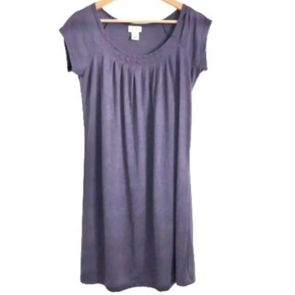 MOTHERHOOD MATERNITY PURPLE DRESS SHORT SLEEVE PLEATED NECKLINE SMALL